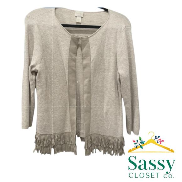 Chico’s Fringe Cardigan Neutral Tan Size M Cotton Blend Open Front EUC - Picture 1 of 7